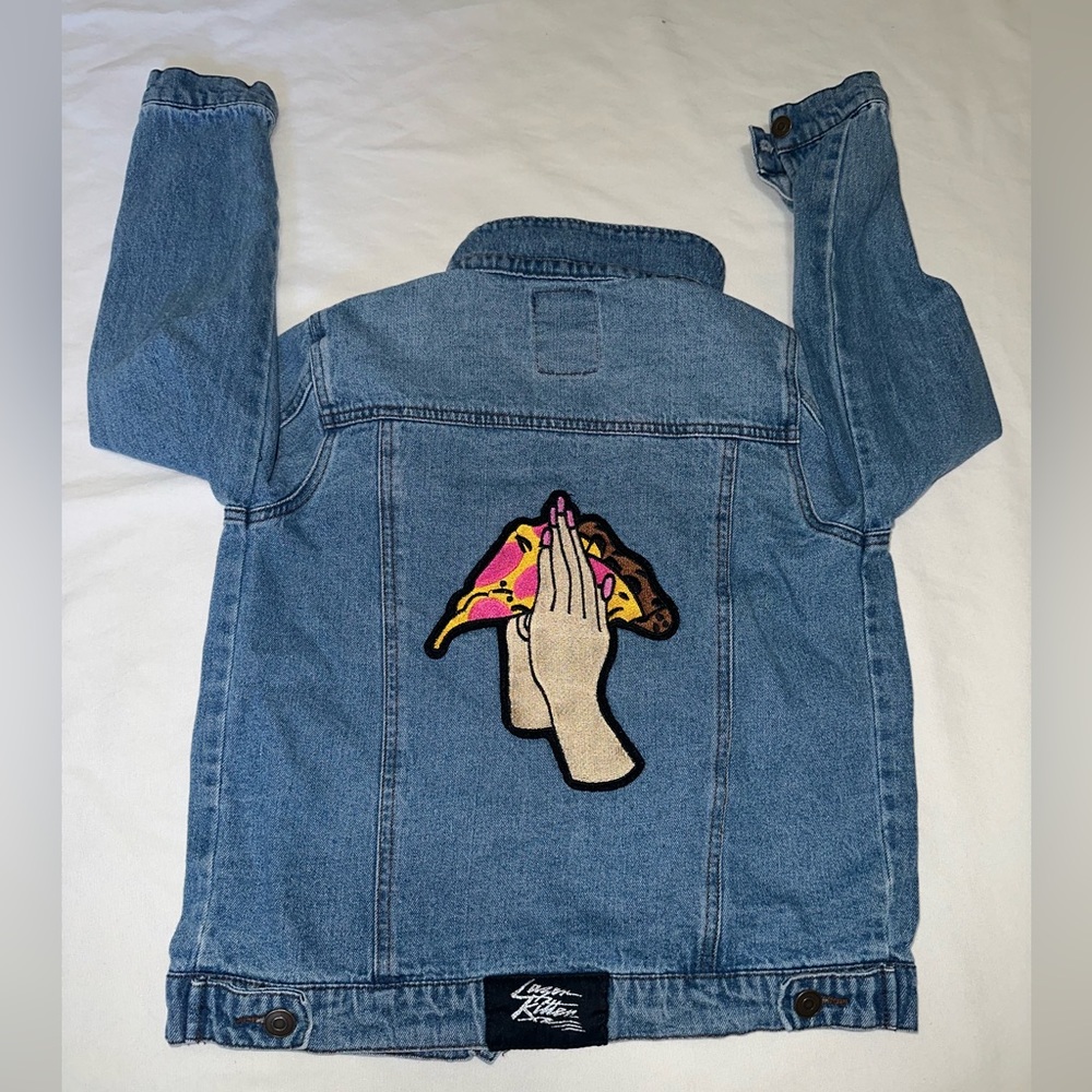 Forever 21 x Laser Kitten pizza prayer hands patch jacket